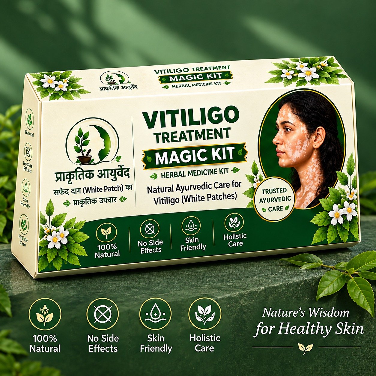 Prakirtik Ayurved brand logo and Vitiligo Magic Kit packaging